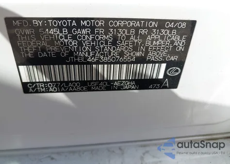 2008 Lexus Ls 460 z USA, uszkodzony, nr VIN JTHBL46F385076554